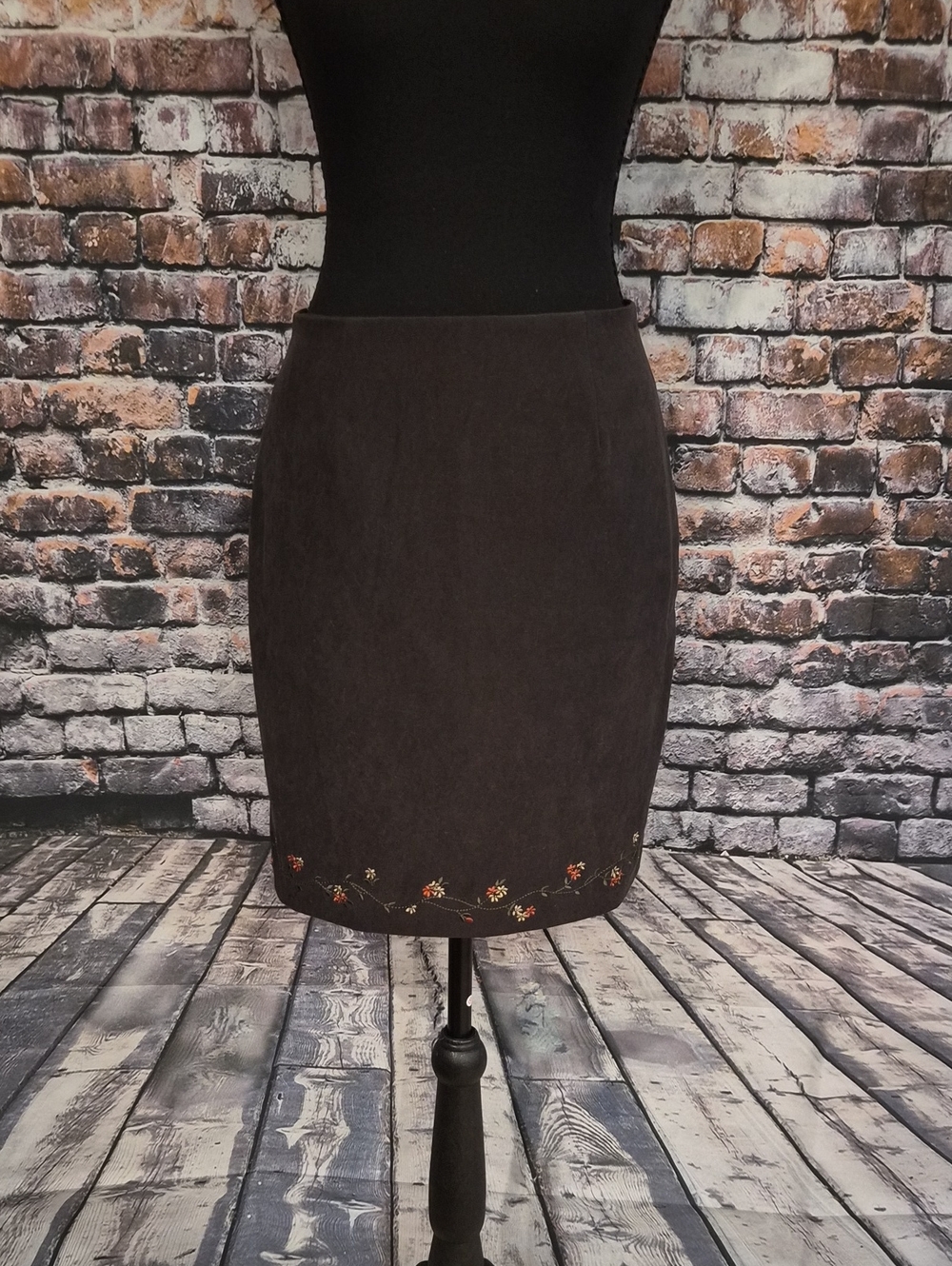 Petite Sophisticate Dark Brown Embroidered Pencil Skirt